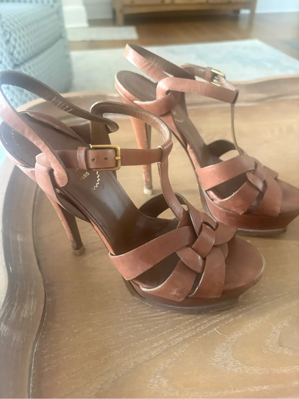 Women's Brown Leather T-Strap Woven Platform Sandals